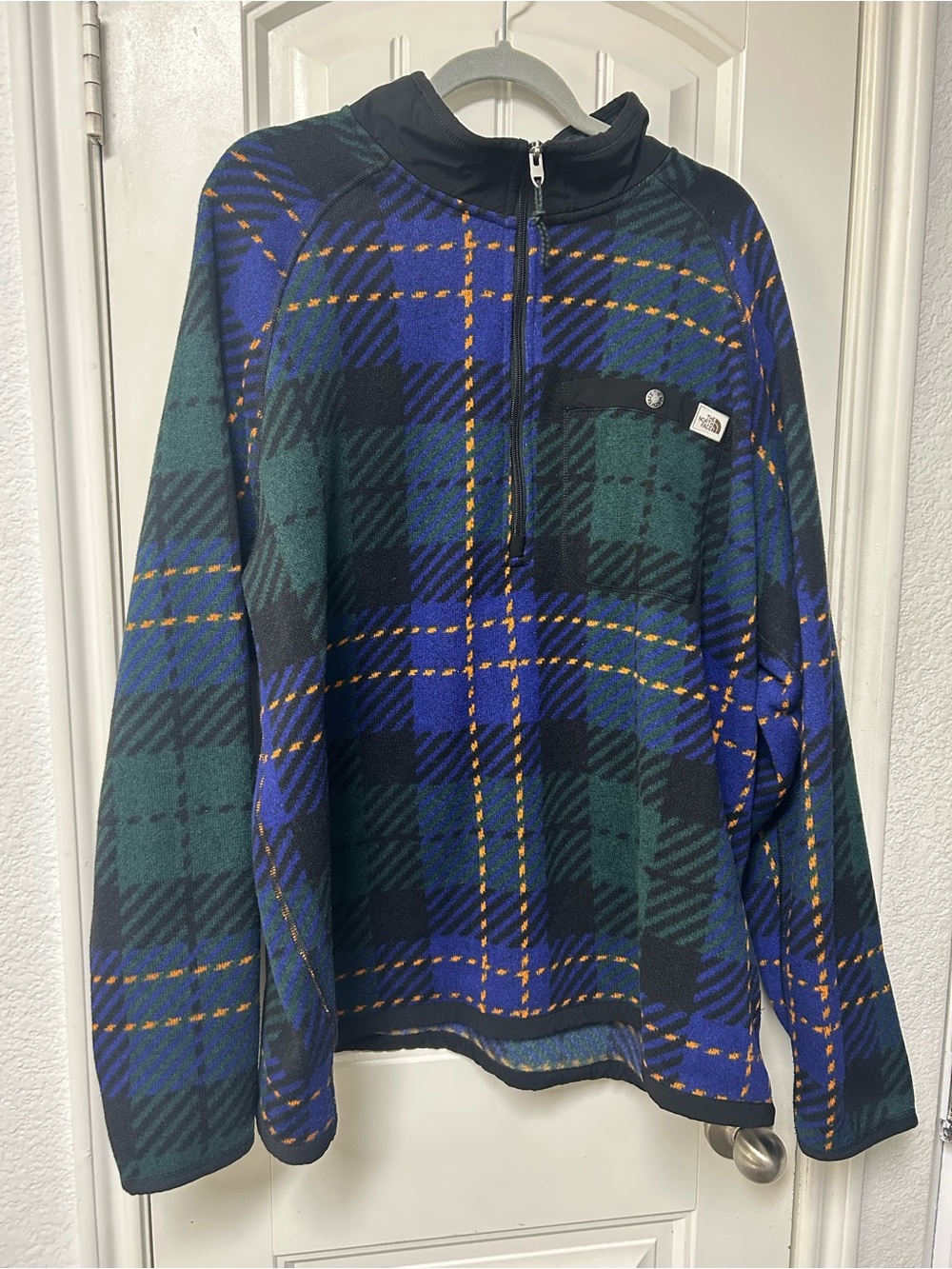 The North Face Men’s Green & Blue Plaid Quarter-Zip Fleece Sweater